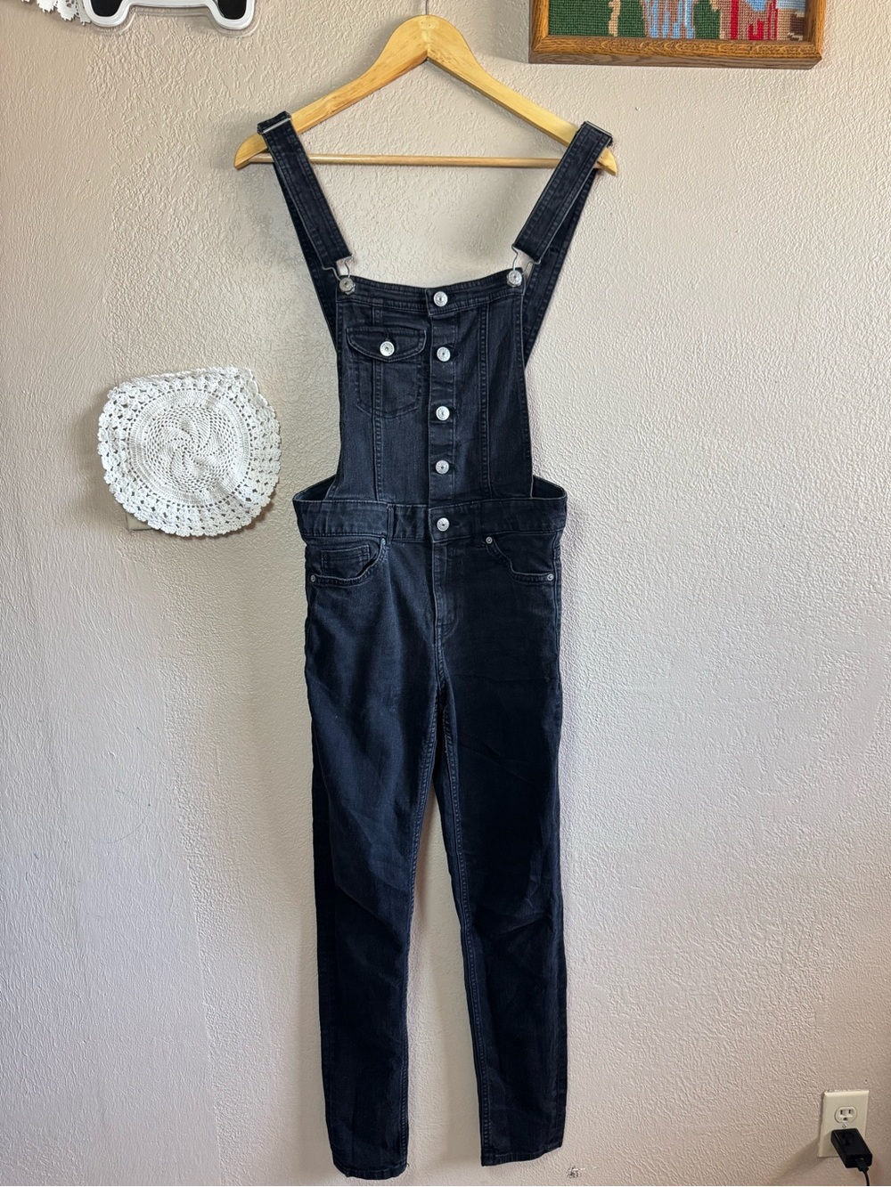 H&M Divided | Black Wash Denim Super Skinny Stretch Farm Bib Overalls | Size 10